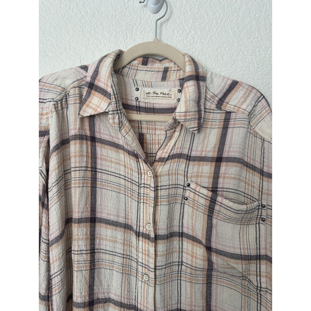 We The Free Cream Brown Plaid Flannel Button Up Short Size Small - Picture 2 of 8